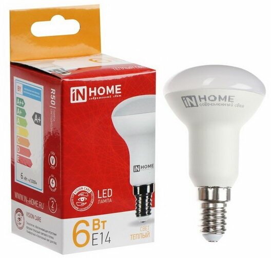 Лампа светодиодная IN HOME LED-R50-VC, 6 Вт, 230 В, Е14, 3000 К, 530 Лм