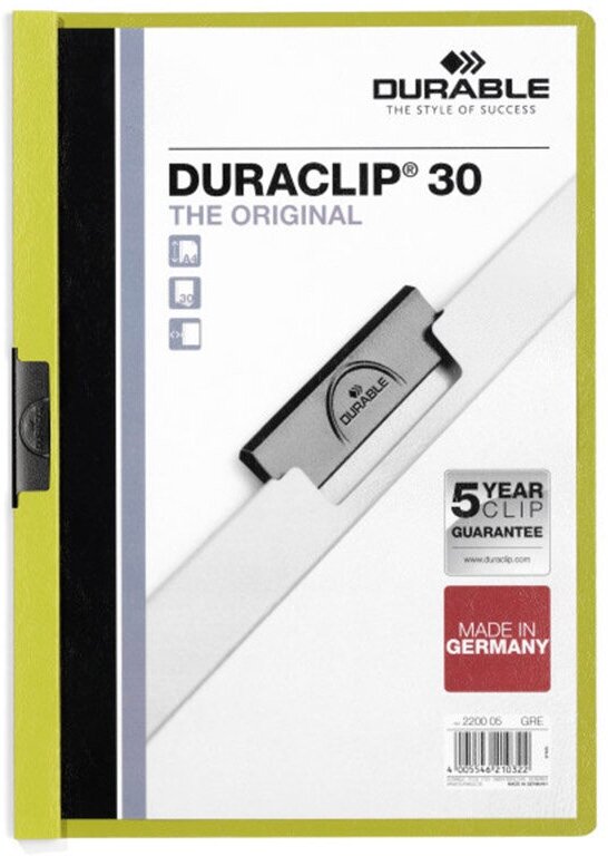 DURABLE Папка-скоросшиватель с клипом Duraclip А4, 30 листов, 2200/05, зеленый