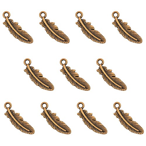 фото Набор подвесок, перышко маленькое, длина - 23 мм, ширина - 7 мм, толщина - 1, 9 мм, диаметр отверстия - 2 мм, материал: сплав олова с покрытием "старинная медь", 11 шт. kaboshon