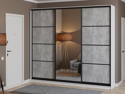 Изображение товара Шкаф купе для одежды Матэрна лофт белый (бетон серый + зеркало) 270х45х240 см