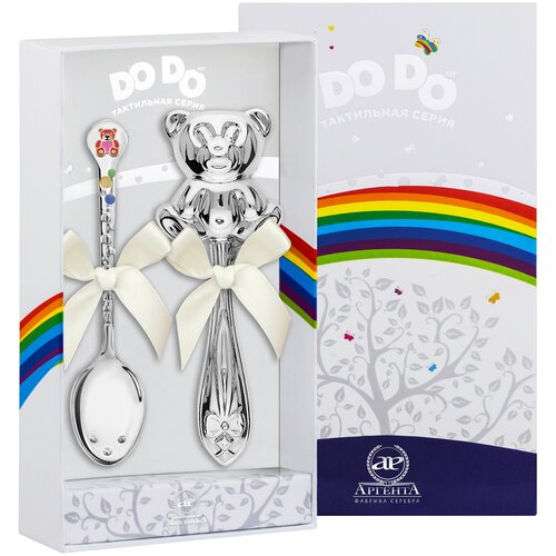 фото Аргента набор для малышей dodo "медвежонок" (погремушка медвежонок + ложка медвежонок с малиновой эмалью)