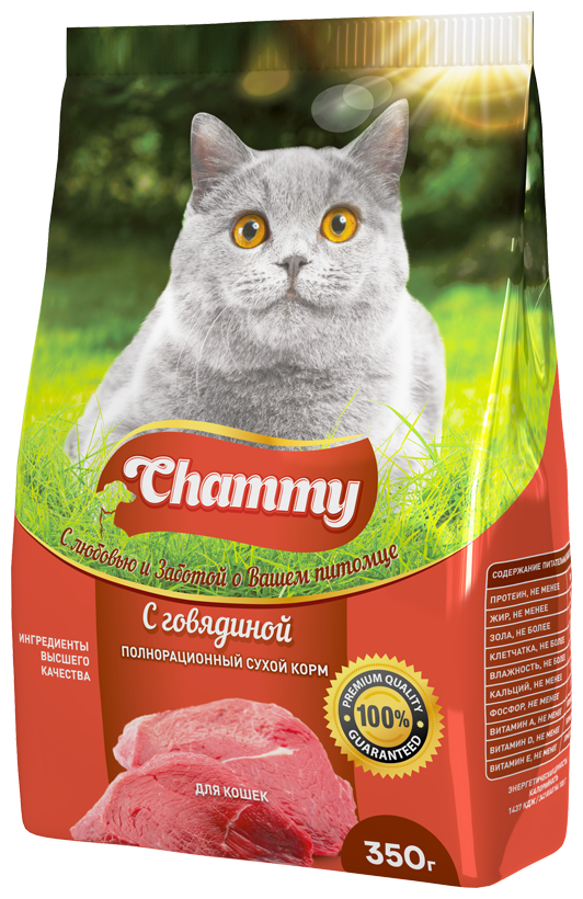 Полнорационный сухой корм Chammy для кошек с говядиной, 350 гр*4 шт - фотография № 1