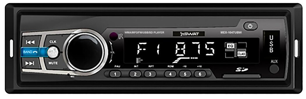 Магнитола в автомобиль SWAT MEX-1047UBW / автомагнитола 1DIN с USB / 4х50вт / Блютуз, Bluetooth / MP3, USB, SD / 2RCA / белая подсветка