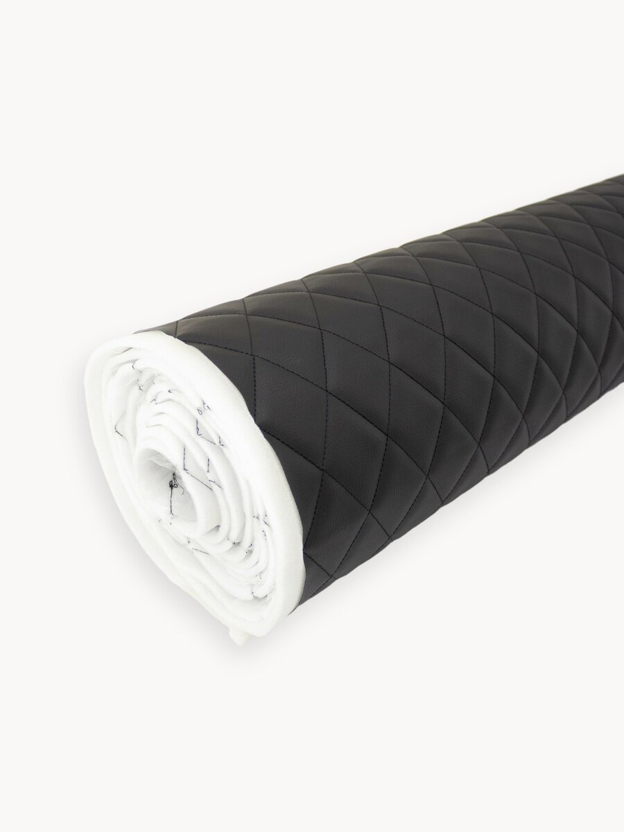 Стеганая экокожа ромб черный с черной ниткой (140*50см) кожзам стеганный, для перетяжки салона авто, мебели