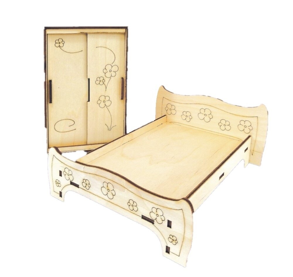 Деревянный набор мебели "Кровать со шкафом - 3" для кукол 30 см