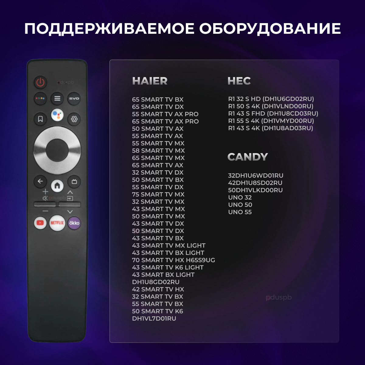 Пульт дистанционного управления (ду) HE-V6 (HTR-U29R) Smart Tv для телевизоров Candy HEC Haier / Netflix YouTube Okko