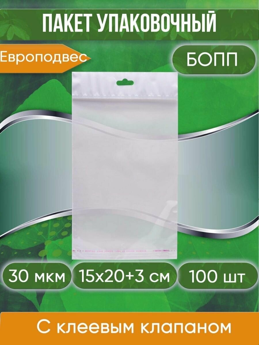 Пакет упаковочный бопп с клеевым клапаном, 15х20+3 см, с европодвесом, 30 мкм, 100 шт - фотография № 1