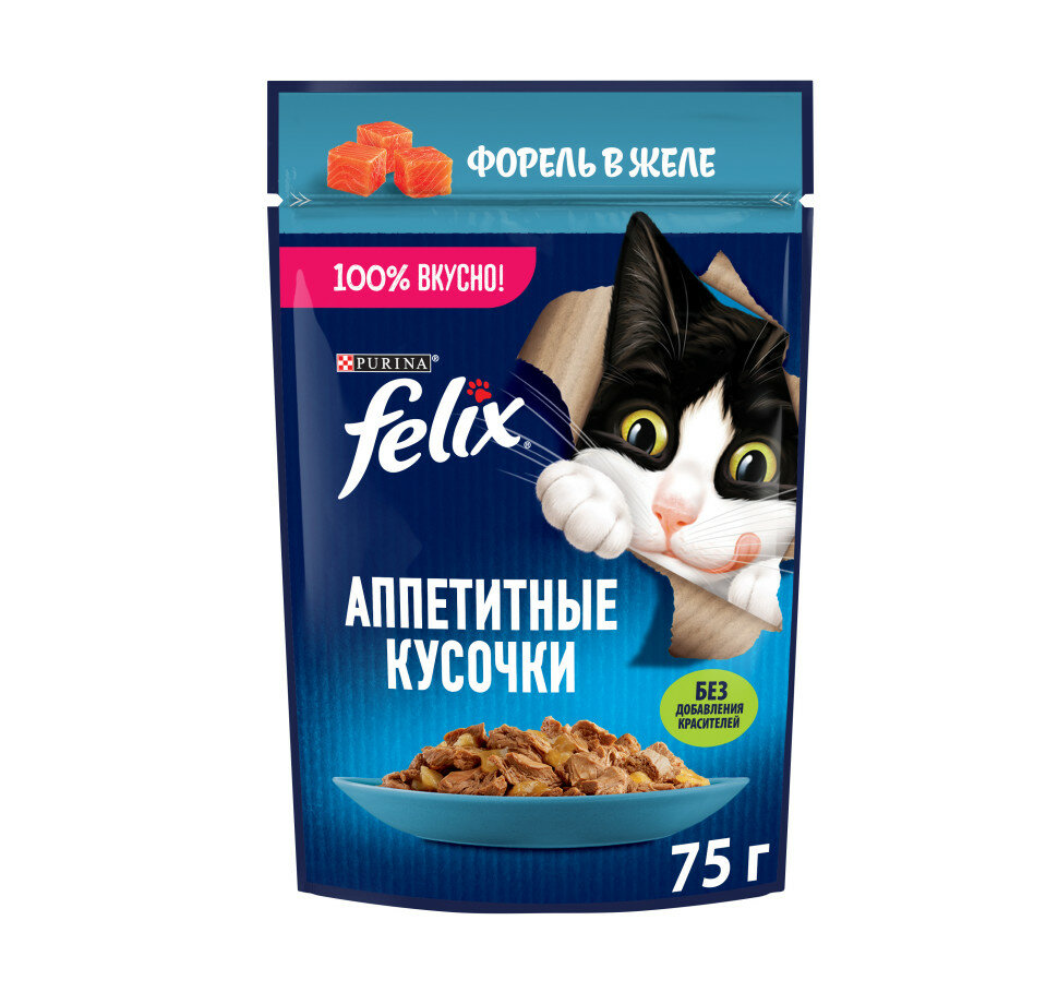 Felix Аппетитные кусочки влажный корм для взрослых кошек с форелью, в паучах - 75 г х 26 шт — фото 1