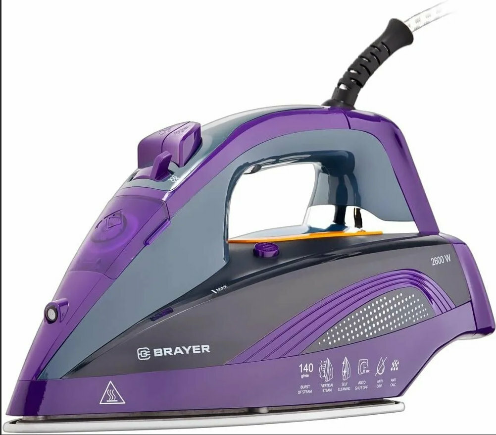 Утюг BRAYER, 2600 Вт, керамическое покрытие, автоотключение, Пар 140 г/м, One temp, антикапля, спрей, самоотчистка