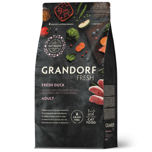 Grandorf FRESH беззерновой корм взрослых кошек с живыми пробиотиками, утка и батат