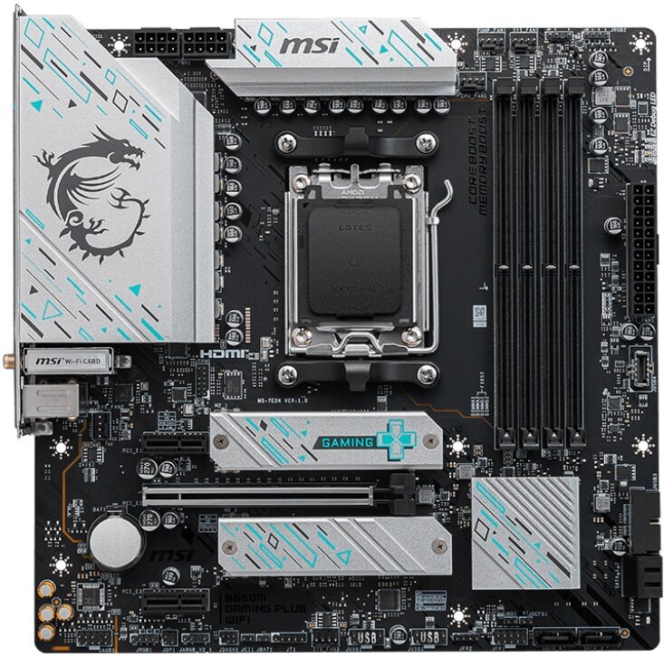 Материнская плата MSI B650M GAMING PLUS WIFI SocketAM5 AMD B650 4xDDR5 mATX AC`97 8ch(7.1) 2.5Gg RAID+VGA+HDMI+DP