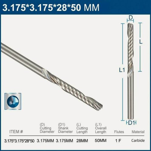 Изображение товара Фреза концевая XCAN однозаходная, 3,175х3,175х28х50мм спиральная однозаходная по дереву и пластику