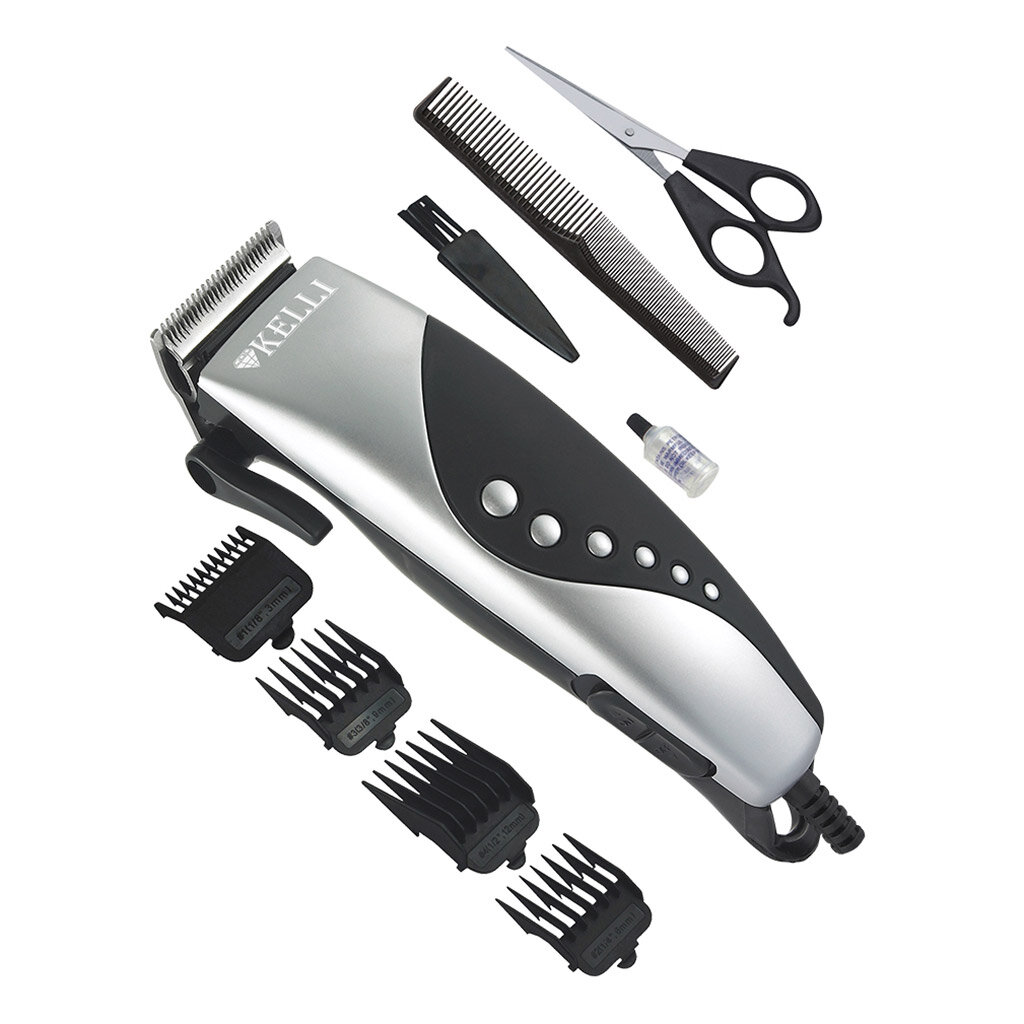 Машинка для стрижки волос KELLI 4 съемных гребня: 3, 6, 9, 12 мм лезвия из нержавеющей стали, рычаг перемещения лезвия, защитная крышка для режущих лезвий (KL-7006)