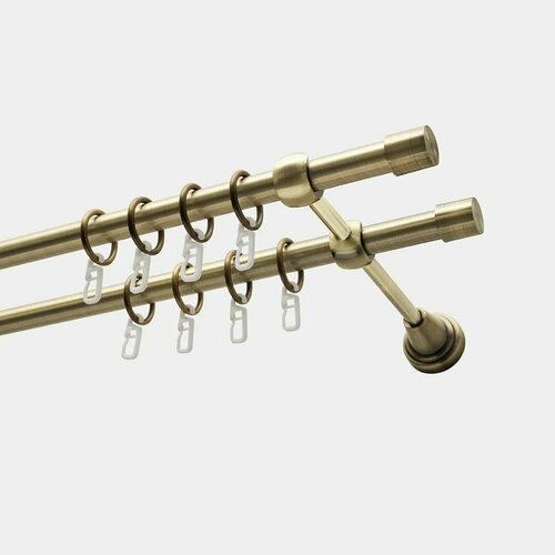 Карниз для штор 140 см (цельный) двухрядный с кольцами на 2 ряда настенный металлический / гардина для штор, бронза (старое золото)
