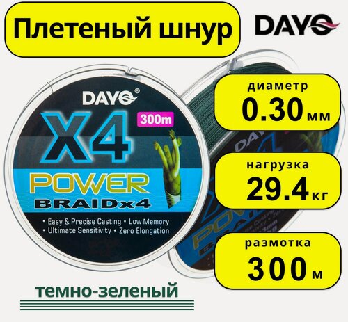Изображение товара Плетенка "DY" POWER BRAID Х4 624530 ( 4 нити, зеленая, 300м, 0.30мм)