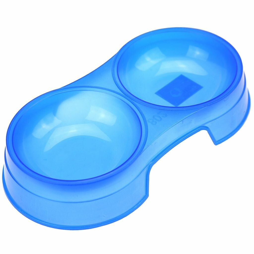 Миска для кормления животных КНР "Pet", пластмассовая 2х0,28 л, 27х14,5х4,5 см, двойная, прозрачная, цвета микс