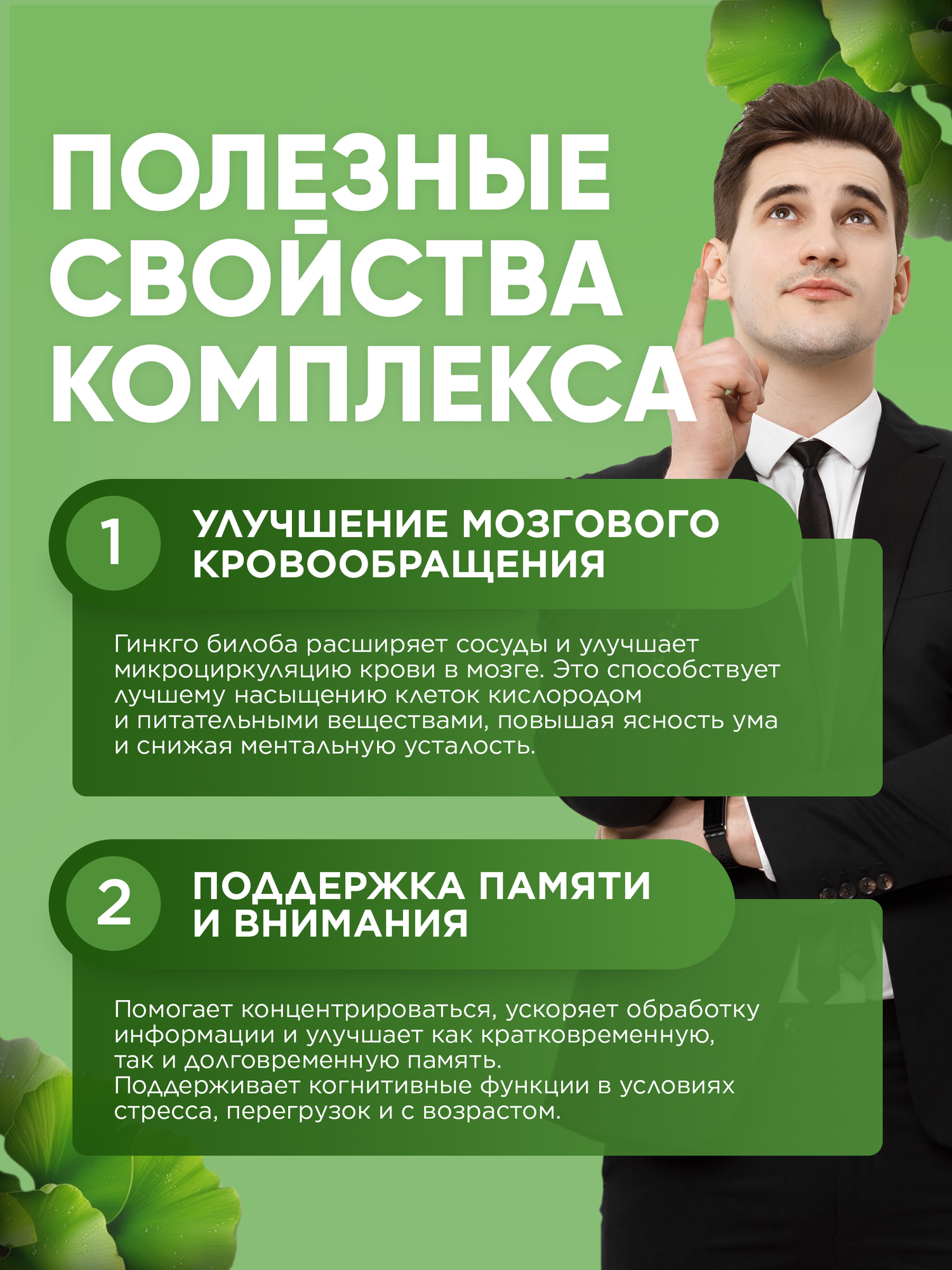 Гинкго Билоба для памяти, мозга, внимания, сердца, сосудов, ноотроп, 60 таблеток от ГрибNik — фото 1