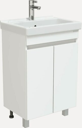 Изображение товара Тумба с раковиной Onika Милтон Квадро 55 напольная, 55 см, белая, глянцевая, из МДФ, с дверками, раковина для ванной, фарфоровая, прямоугольная, встроенный слив-перелив