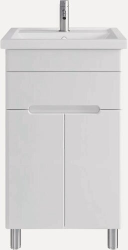 Изображение товара Тумба с раковиной SanStar Модена 50 50 см, белая, глянцевая, из МДФ, с ящиками, с дверками, раковина для ванной, фарфоровая, прямоугольная, встроенный слив-перелив