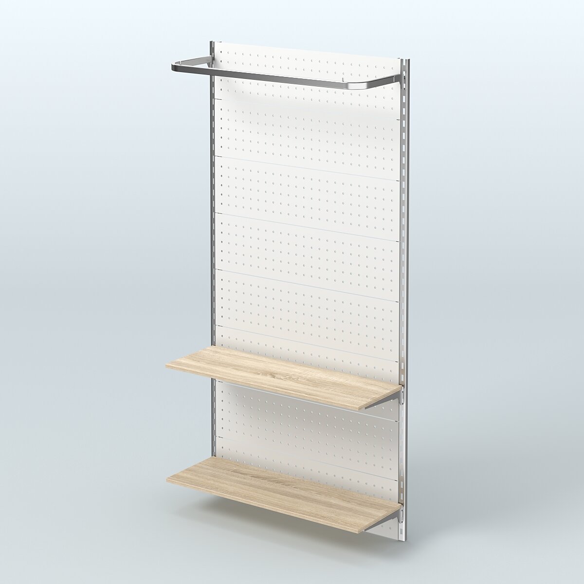 Настенная система для торговли одеждой METAL с задней стенкой П-образным поручнем и полками ДСП шириной 1000 мм №8 Дуб сонома