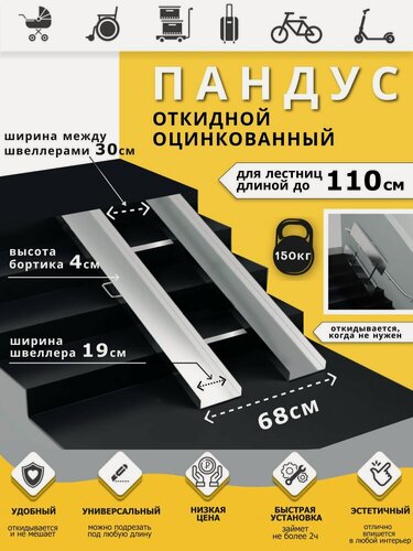 Изображение товара Пандус откидной оцинкованный стандарт 110 см / Для детских колясок / В подъезд /На лестницу.
