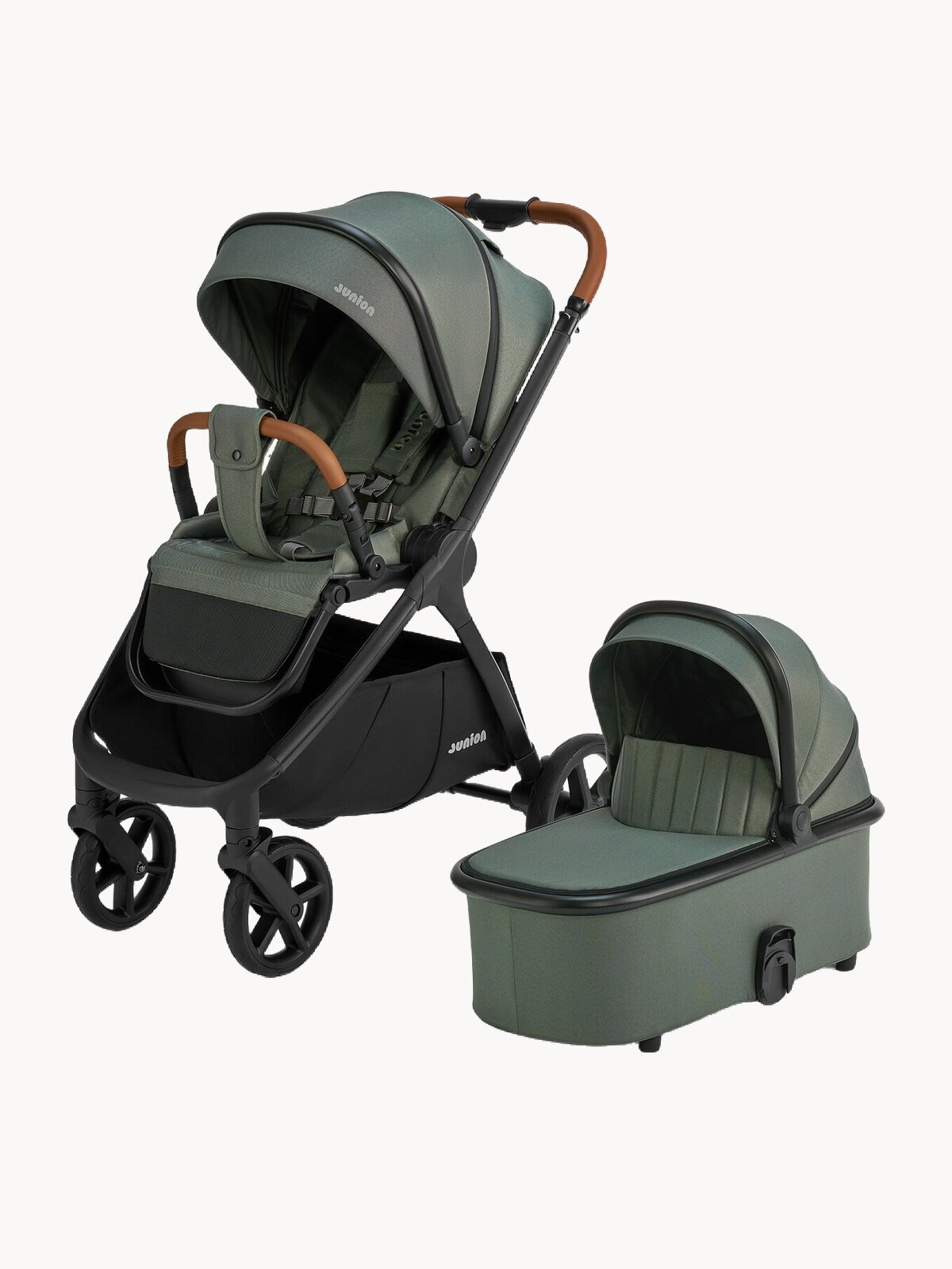 Коляска универсальная 2 в 1 детская всесезонная Junion Chillibom с прогулочным блоком и люлькой, цвет зелёный