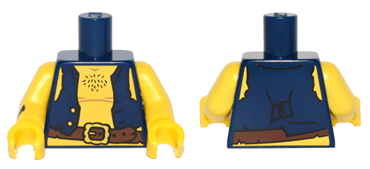 Torso Pirate Vest Open with Gold Buttons, Dark Brown Belt with Buckle, Chest Hair, Yellow Shoulders and Stomach Pattern / Yellow Arm Left / Yellow Arm Right with Black Anchor Tattoo Pattern / Yellow Hands, 973pb2395c01 Dark Blue U