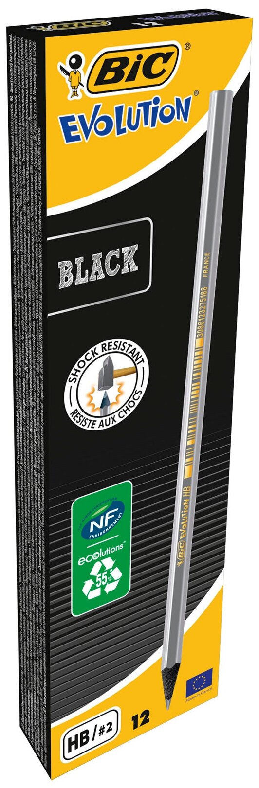Карандаш чернографитный (простой) BIC Evolution Black (НВ, корпус серебристый, без ластика, заточенный, пластик) 12шт. (896017)
