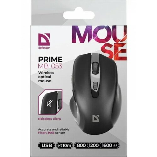 Мышь беспроводная Defender Prime MB-053 черный6D800-1600dpi бесшумн 66600₽