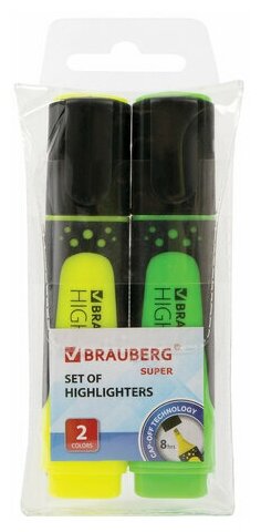 Набор маркеров-текстовыделителей Brauberg Super (1-5мм, желтый/зеленый, прорезиненный корпус) 2шт, 8 уп. (151744)