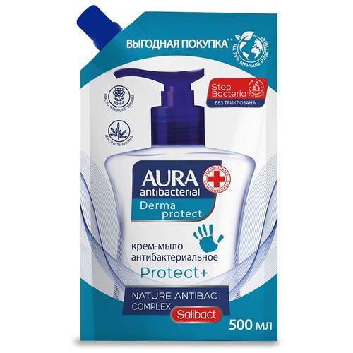 Aura крем-мыло Derma Protect Антибактериальное с маслом чайного дерева и тимьяном, 500 мл, 500 г крем мыло антибактериальное aura derma protect 500 мл