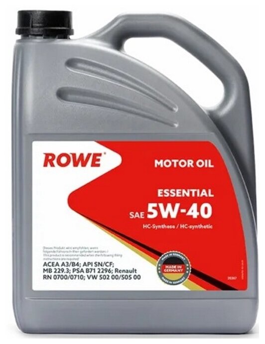 Масло моторное 5w-40 rowe 4л нс-синтетика essential a3/b4, rowe, 20367-453-2a