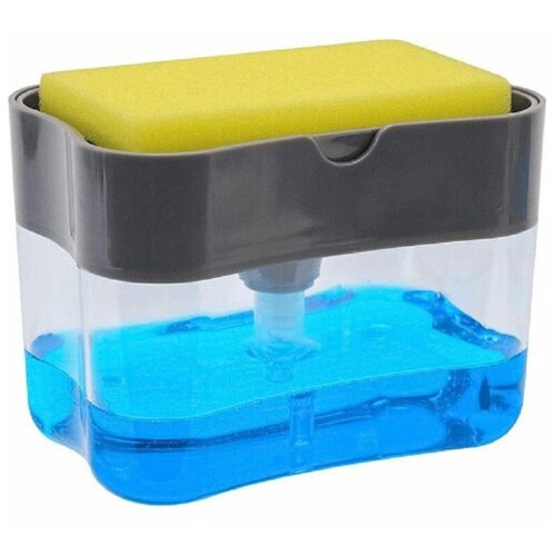 Дозатор для моющего средства на кухне / Диспенсер для жидкого мыла механический с губкой / для мытья посуды 380 мл, 1 шт