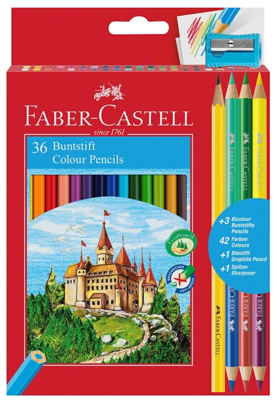 Карандаши цветные Faber-castell "Замок" 42 цвета (36+3+1шт.), заточенные с точилкой