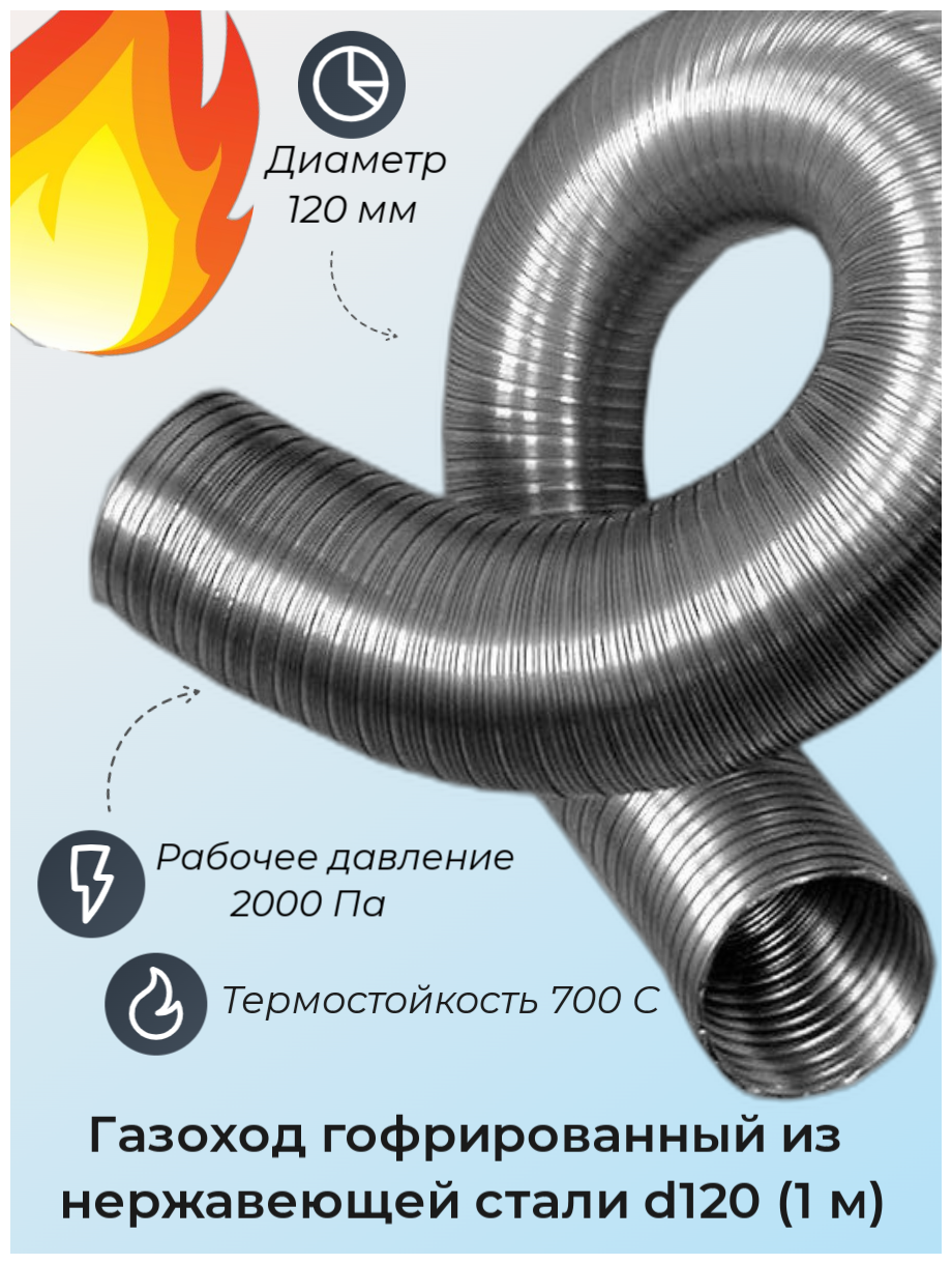 Газоход гофрированный d120 мм (1м) из нержавеющей стали - фотография № 2