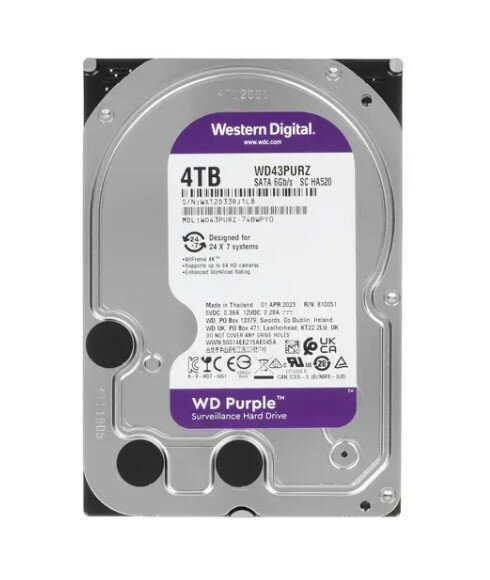 Жесткий диск 3.5" Western Digital WD Purple 4 ТБ, SATA III, 256 Mb, 5400 rpm (WD43PURZ)