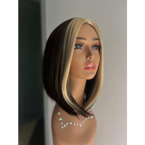 Парик женский ONLYSHAIR каре с прямым прибором и ровным срезом черной с белыми прядями спереди