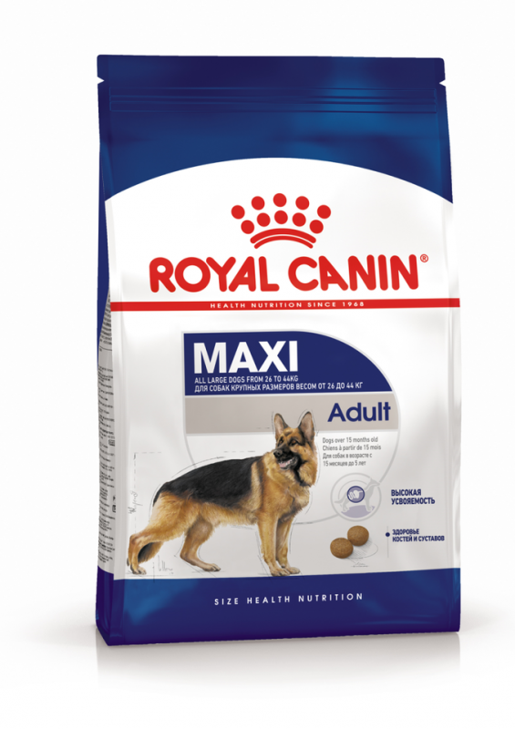 Корм сухой полнорационный Royal Canin Maxi Adult для взрослых собак крупных размеров (весом от 26 до 44 кг) в возрасте от 15 месяцев до 5 лет, 15 кг