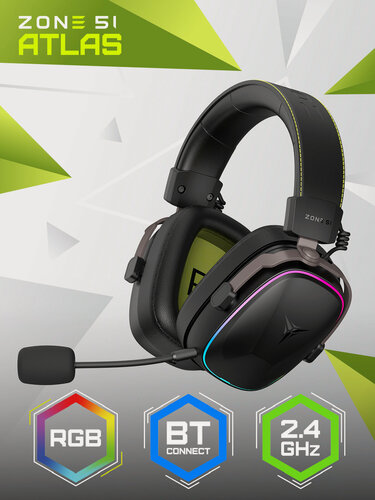 Изображение товара Беспроводная игровая гарнитура ZONE 51 ATLAS Черный, RGB, 45ч, 2.4 Гц/BT