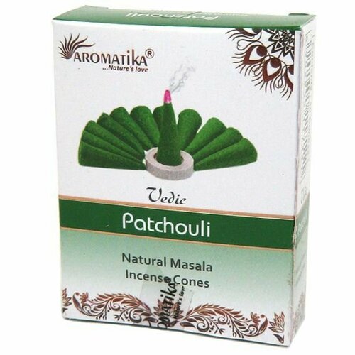 Vedic PATCHOULI Natural Masala Incense Cones, Aromatika (Ведик пачули, натуральные конусные благовония, Ароматика), уп. 10 конусов.