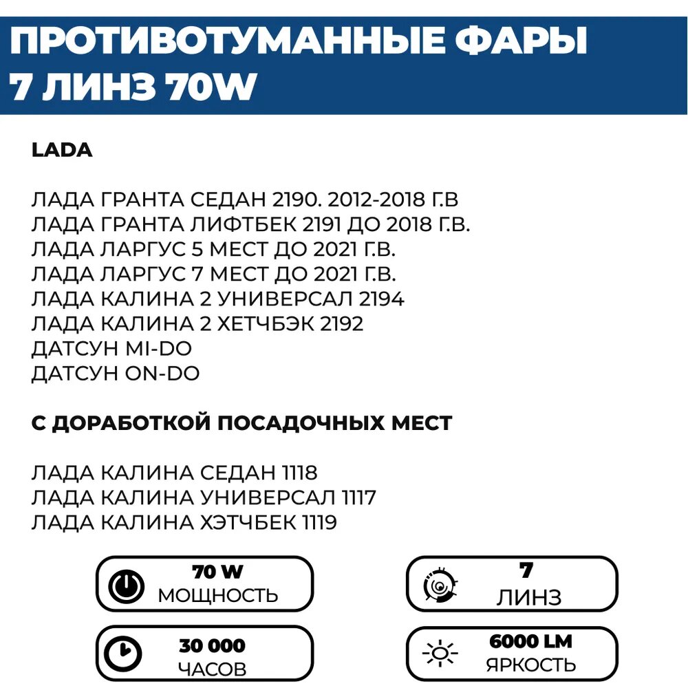 Противотуманные фары ПТФ светодиодные 7 линз 70W для Лада Гранта, Ларгус, Калина 2, Калина 1, Датсун, комплект 2 шт. — фото 1