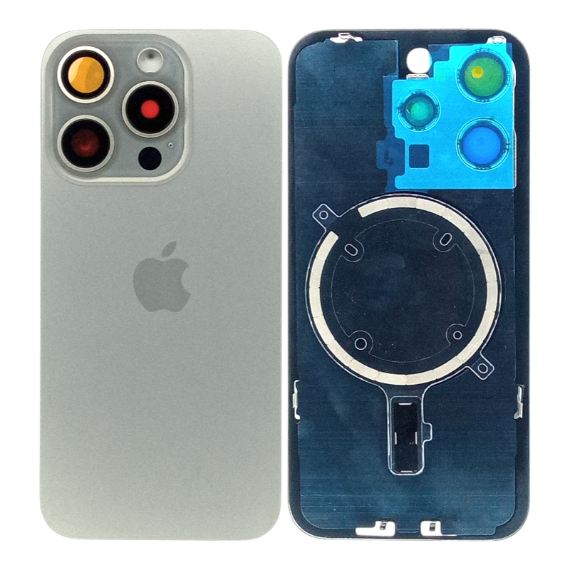 Заднее стекло, крышка для iPhone 15 Pro со стеклом камеры (MagSafe / логотип) титан, светло-серый
