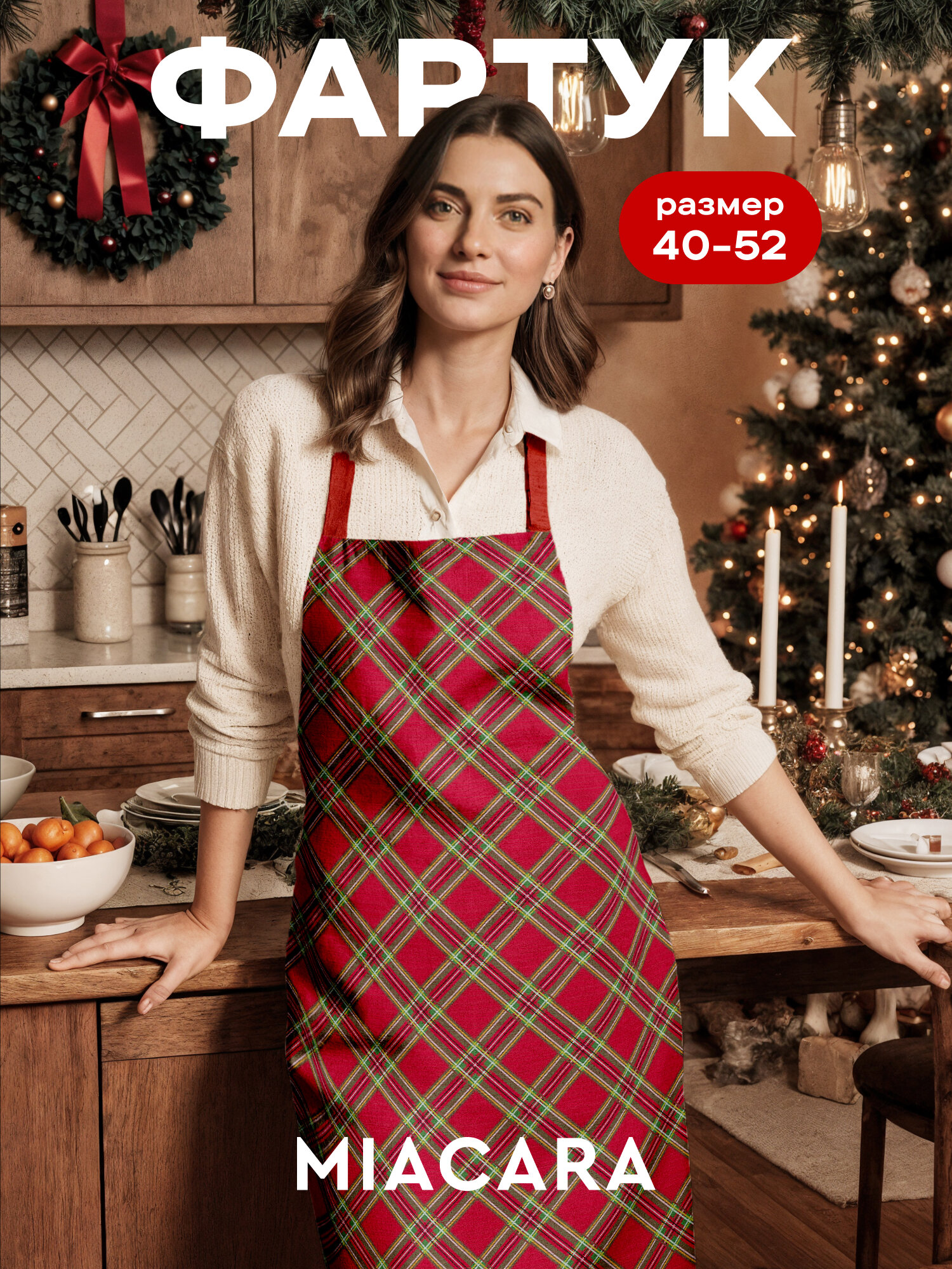 Фартук кухонный женский новогодний "Альпийская сказка" текстиль на завязках