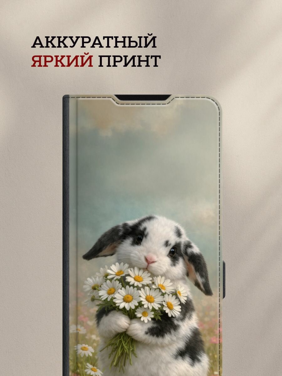 Чехол-книжка на Samsung Galaxy A17 / Самсунг А17 с принтом Кролик с букетом ромашек, черный — фото 1