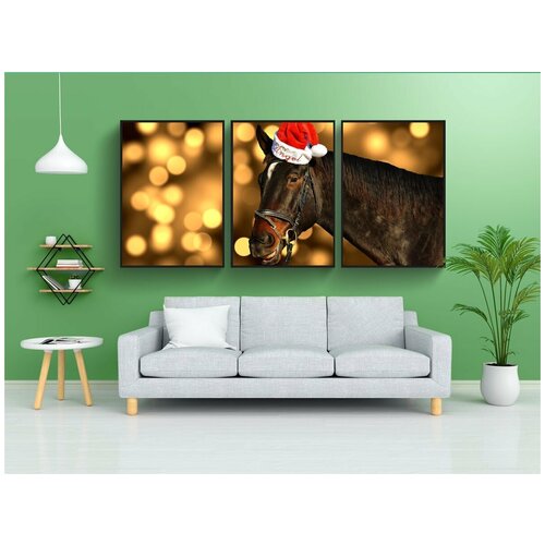 фото Модульный постер "лошадь, рождество, шляпа санта-клауса" 180x90 см. из 3х частей в тубусе, без рамки lotsprints