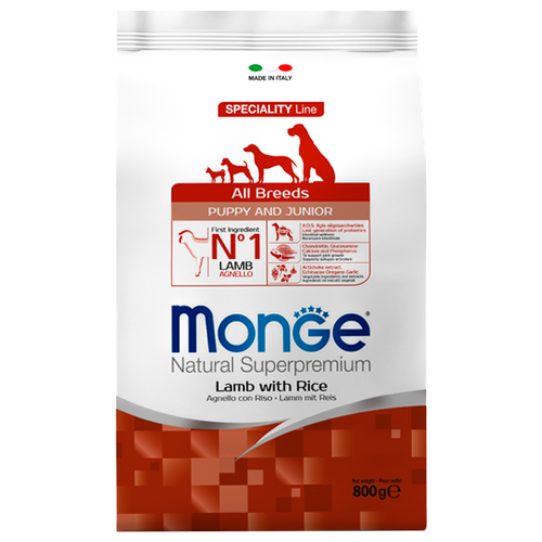 Сухой корм Monge Dog Speciality Puppy&Junior для щенков всех пород, ягненок с рисом, 800 г