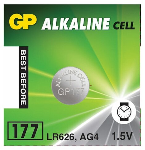 Батарейка GP Alkaline 177 (G4, LR626), алкалиновая, 1 шт, в блистере (отрывной блок), 177-2CY, 4891199026690