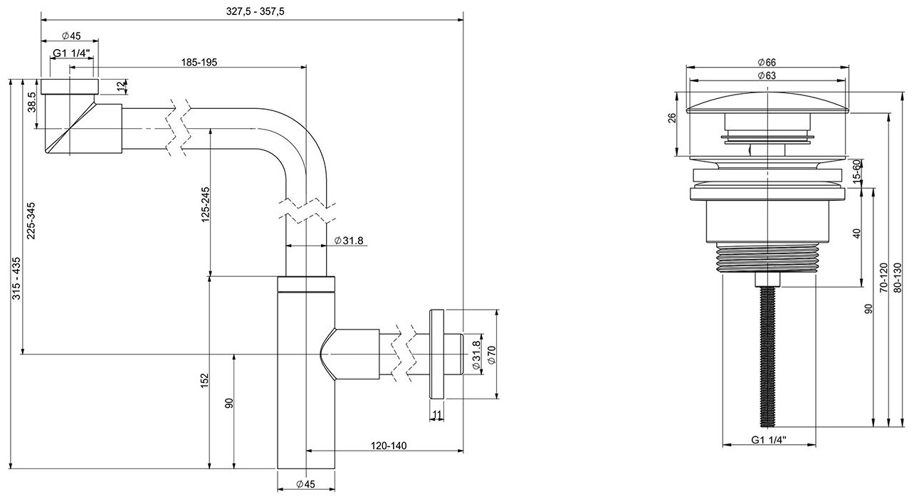 Сифон для раковины Wellsee Drainage System 182128003 в наборе 2 в 1: металлический сифон и универсальный донный клапан в цвете матовый белый - фотография № 10