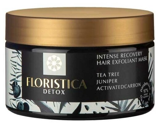 Floristica Detox Маска-эксфолиант для всех типов волос восстановление, укрепление чайное дерево, можжевельник, активированный уголь, 250 мл