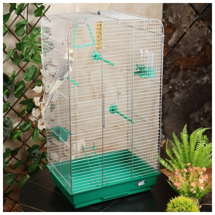 Пижон Клетка для птиц "Пижон" №102, хром, укомплектованная, 41х30х76 см, зеленый микс